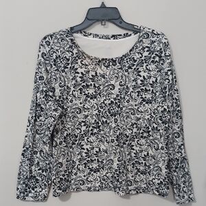 White Stag Black & White Floral  Print Long Sleeve Women's Top. Like NEW Sz L